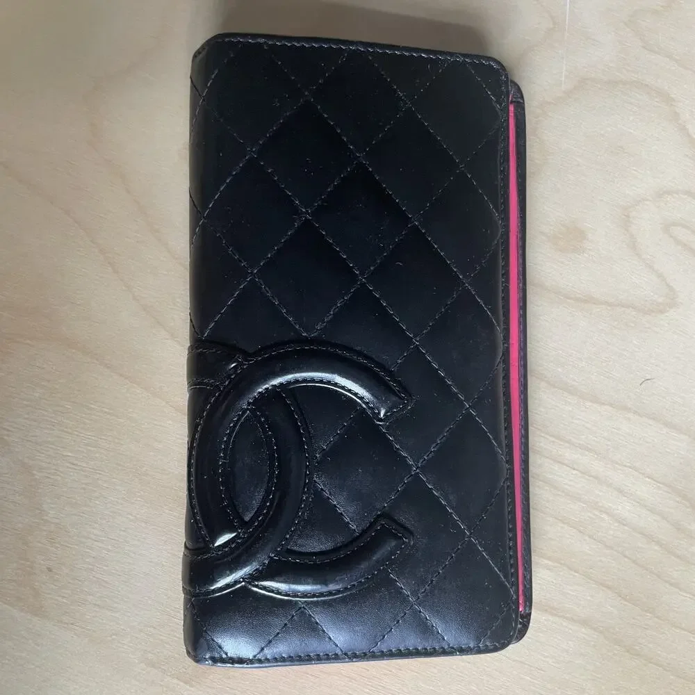 Chanel Wallet Cambon Black Leather w/ Pink Interior CC Long Entrupy Certificate